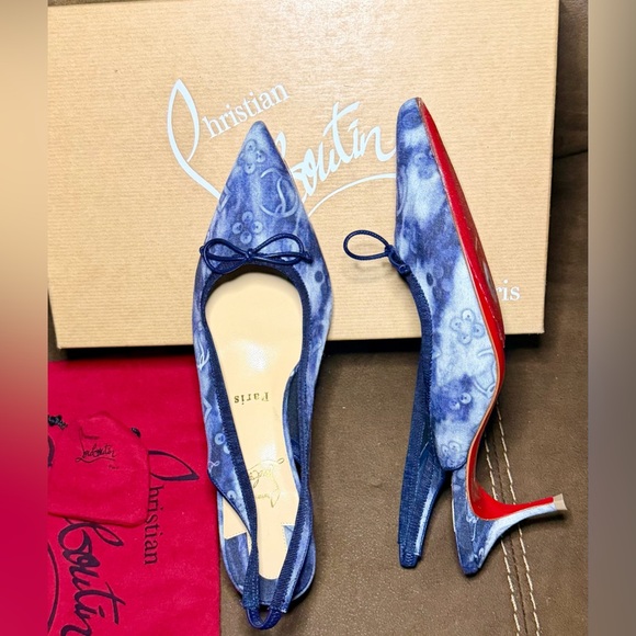 Christian Louboutin Denim Sling Pumps Kitten Heels LIKE NEW - Picture 4 of 10